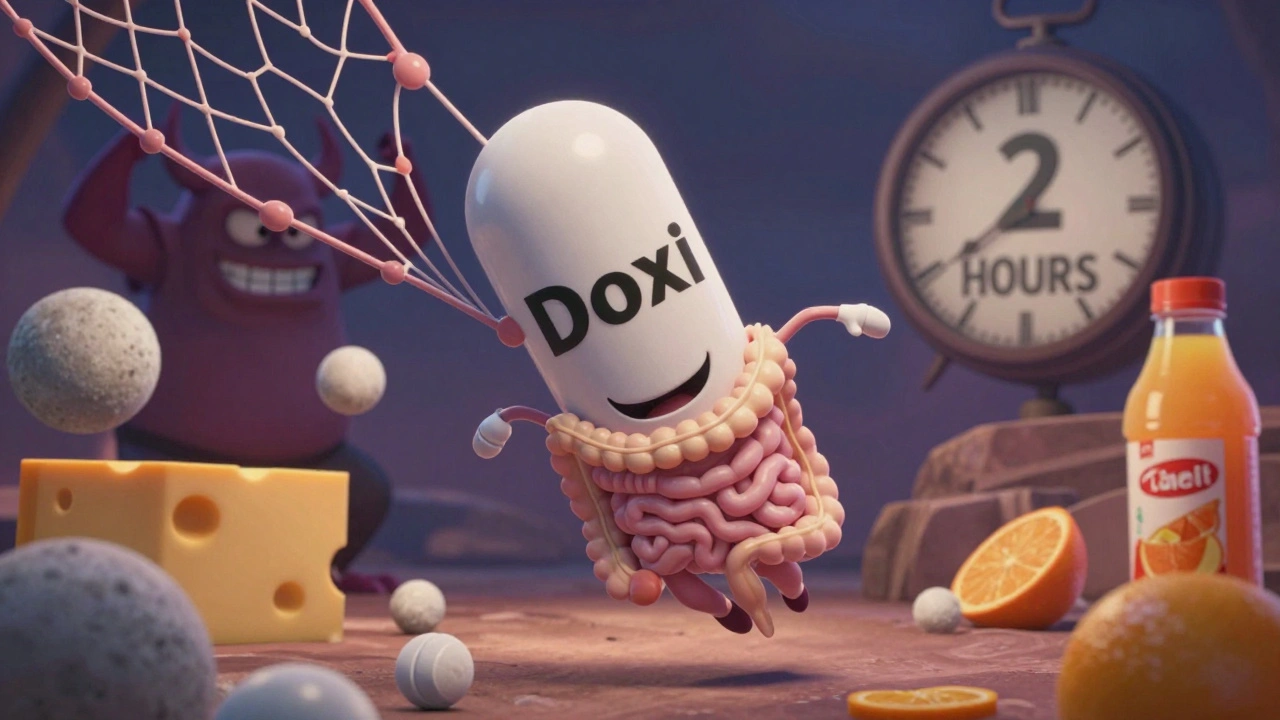 A superhero pill dodging calcium rocks in a digestive landscape with a villainous monster.