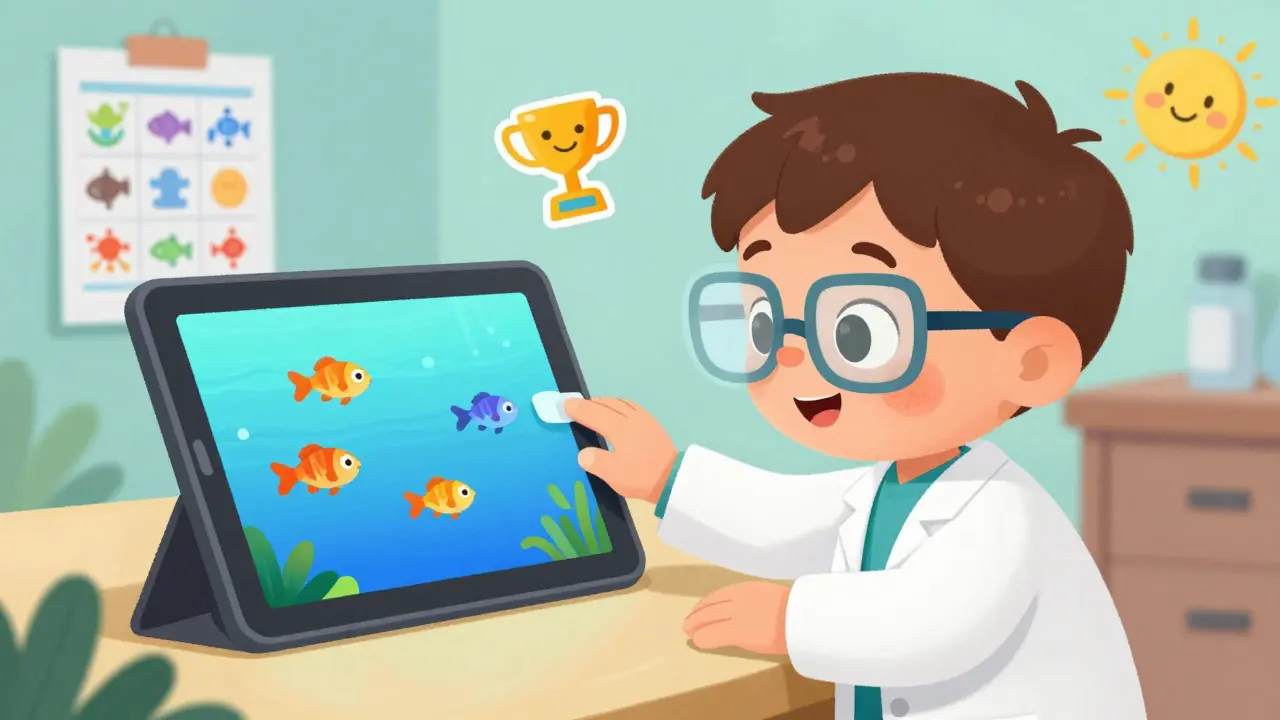 A toddler plays a digital vision game with animated fish, wearing glasses with a subtle blurred filter.