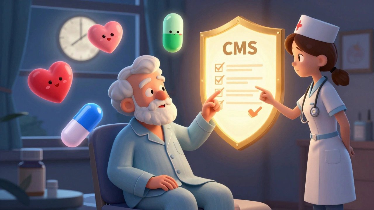 An elderly patient is surrounded by animated medication icons as a nurse points to a glowing compliance checklist, symbolizing safe care.