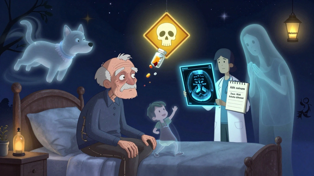 An elderly person surrounded by hallucinations, with a warning sign over a pill bottle, illustrating Lewy body dementia risks.