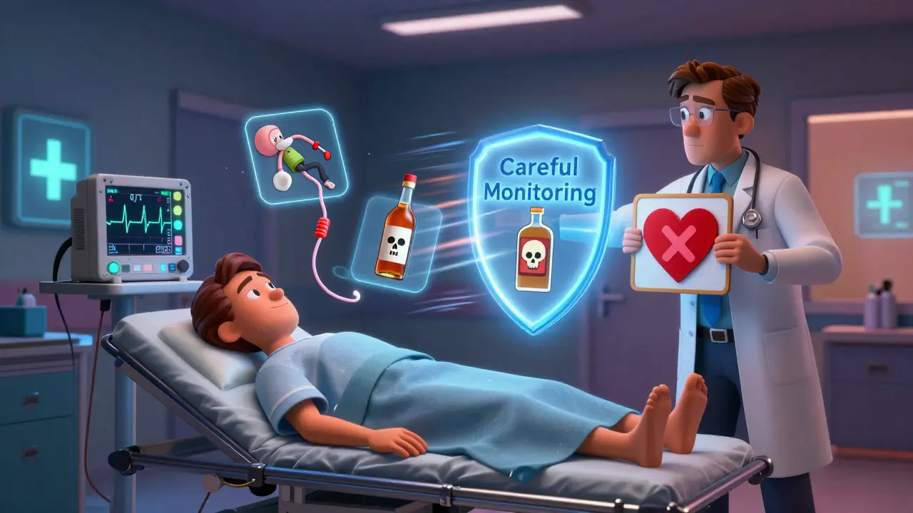 An emergency room scene with an ECG showing dangerous heart rhythm, surrounded by warning icons.
