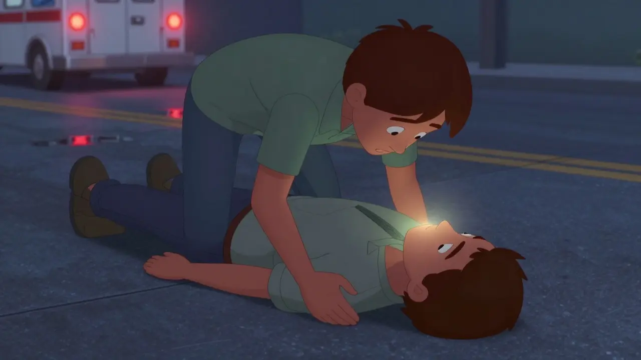 An unconscious person safely placed in recovery position on the ground, head tilted to prevent choking.