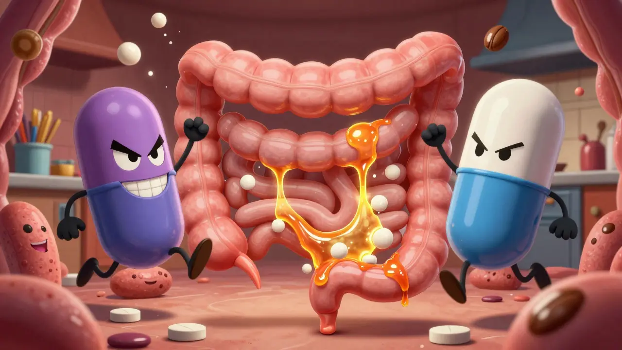 Cartoon calcium and iron pills binding to thyroid medicine in the gut with glowing chemical glue