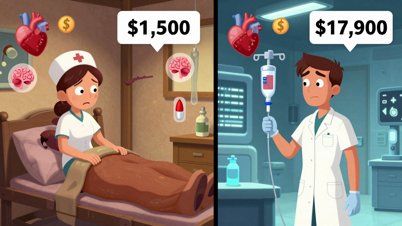 Contrasting rural and urban hospital scenes showing different reversal agents and their costs in DreamWorks cartoon style.