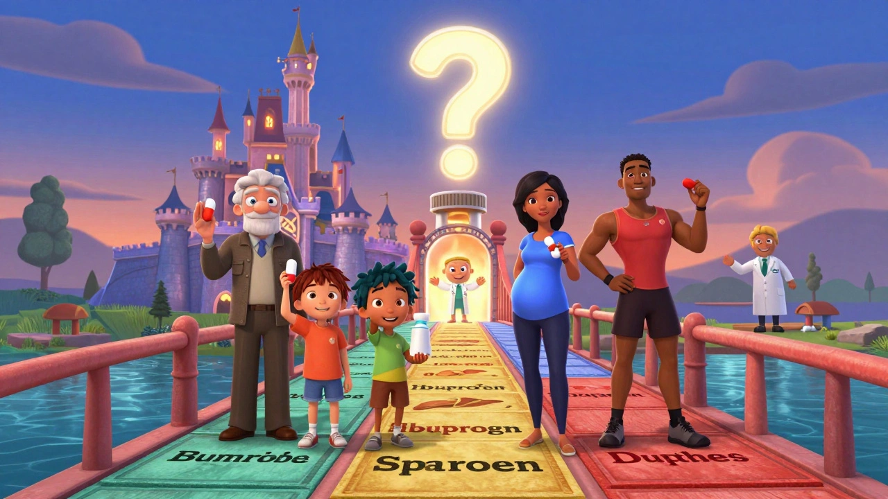 Diverse people crossing a bridge to safe relief, each holding a different painkiller.