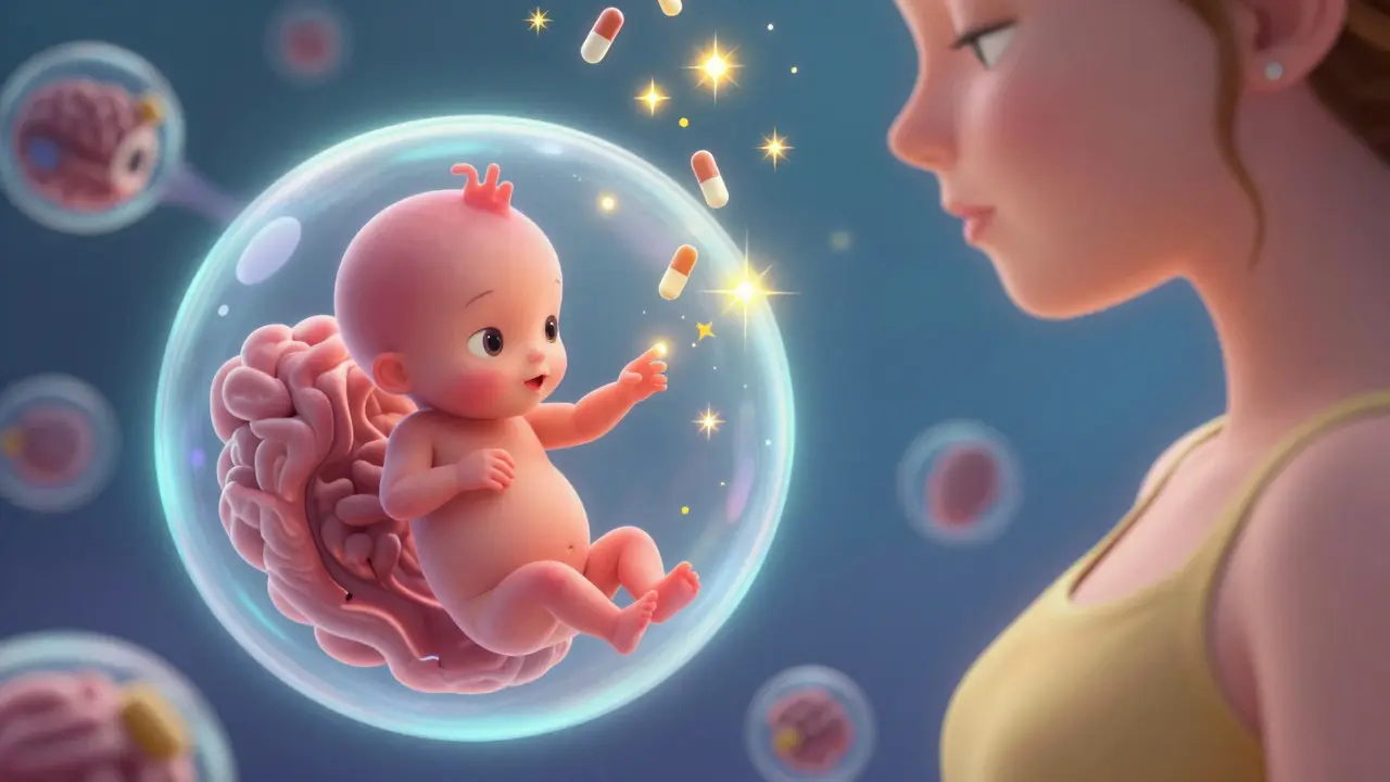 Fetus reaching for glowing thyroid hormones from mother's bloodstream in a dreamy scene