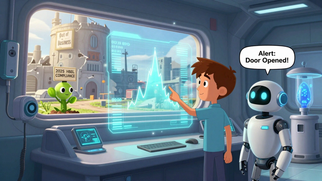 Futuristic control room with holograms showing contamination alerts, beside a modern compliant plant versus a failed old facility.