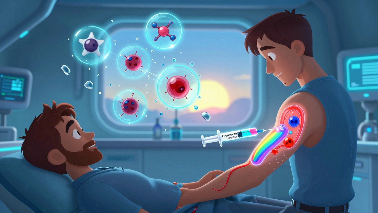 Futuristic syringe injecting Ciraparantag to neutralize blood thinner molecules, with shattering drug icons in DreamWorks style.