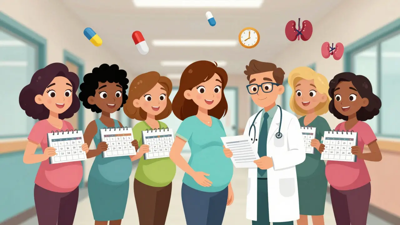 Group of pregnant women holding calendars marked with thyroid test dates in a clinic