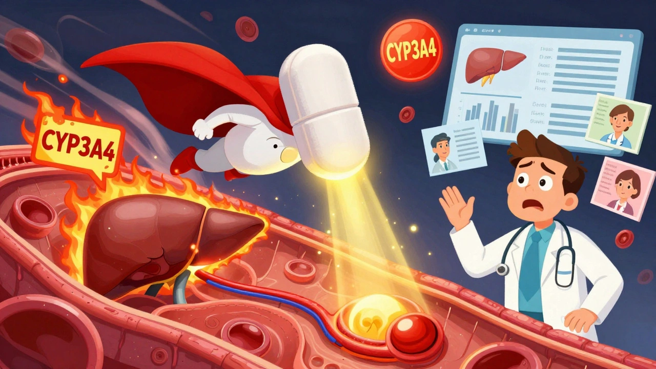 Heroic statin pill flies through body, healing liver and reducing blood pressure with golden light