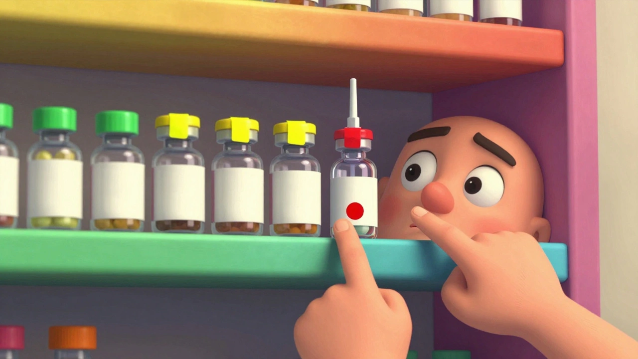 Medicine bottles with color-coded tape dots on a shelf, red dot highlighted on an epinephrine pen.