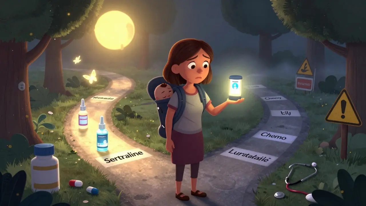 Mother at a crossroads choosing safe breastfeeding meds, guided by a glowing app, with warning signs behind her.