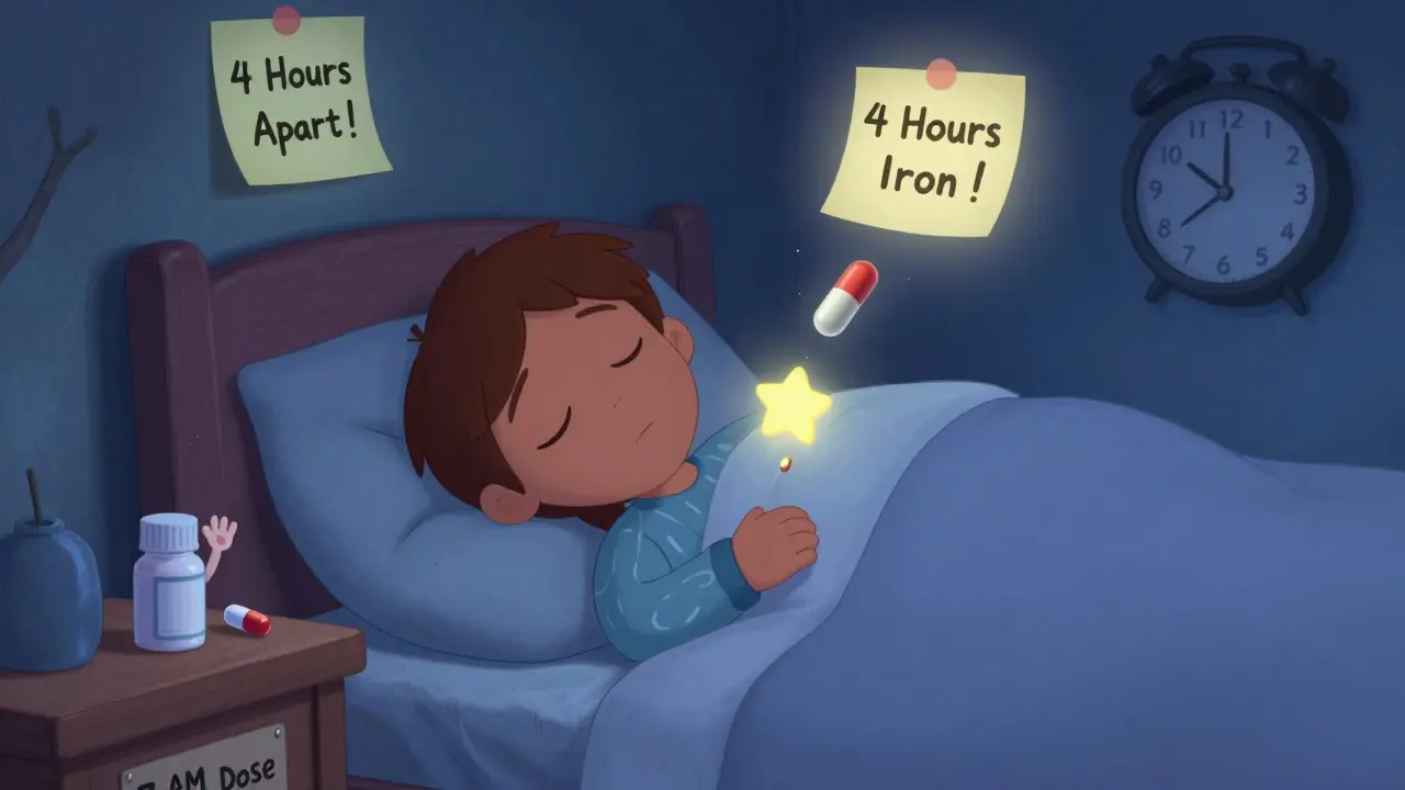 Nighttime scene with supplements floating peacefully as thyroid pill rests on bedside table