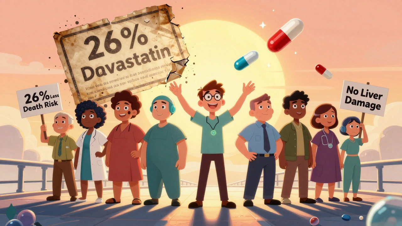 Patients stand on evidence bridge as outdated warnings crumble, statins shine like medals in sunrise