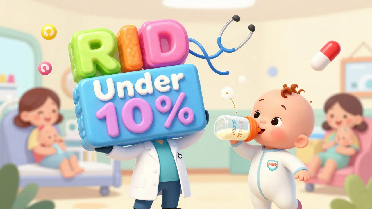 Pediatrician holding a fun 'RID Under 10%' sign as a baby drinks breast milk with harmless particles floating away.