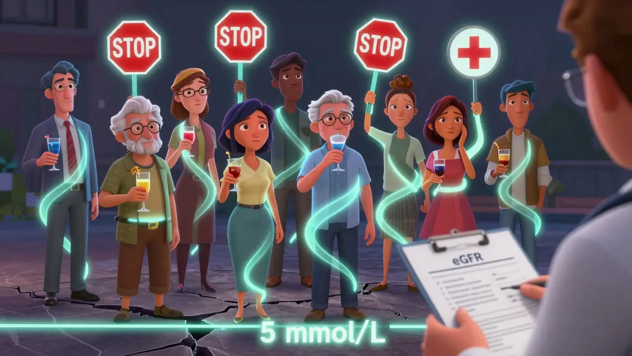 People drinking alcohol with glowing lactic acid trails forming warning signs above them.