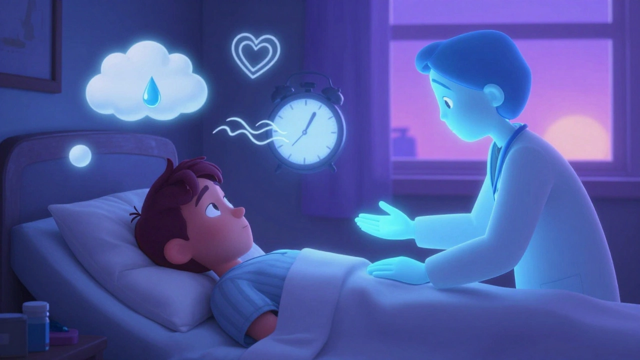 Person in bed at night surrounded by emotional symbols, therapist offering calm hand as sunrise appears