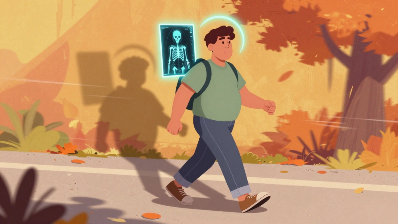 Person walking with moon face and buffalo hump, shadow showing bone loss, DEXA scan glowing above