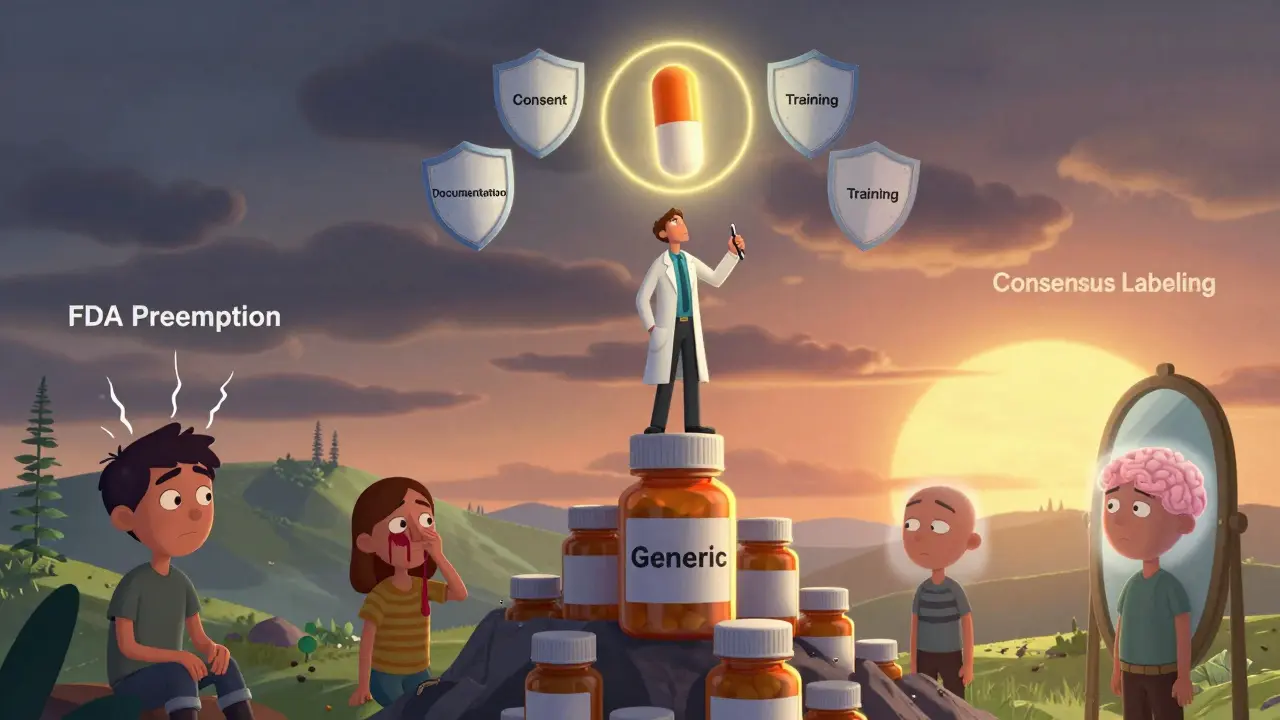 Pharmacist atop pill mountain overlooking suffering patients, one brand pill glowing above with legal shields.