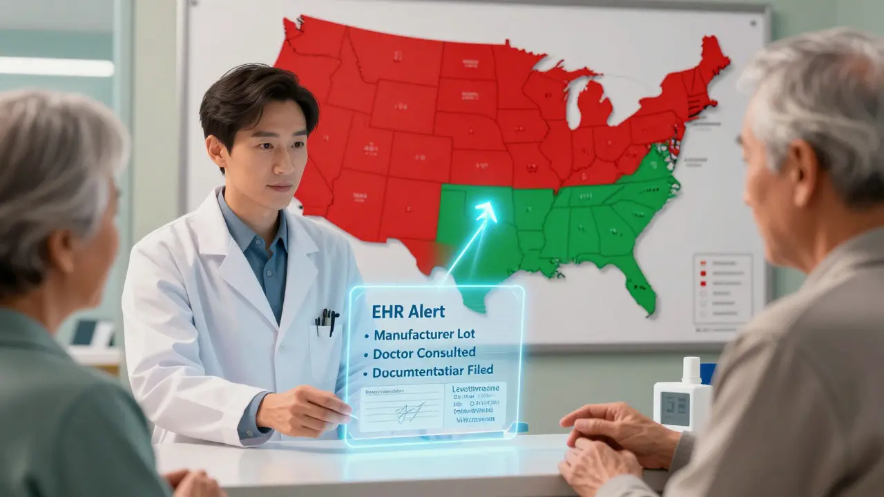 Pharmacist giving consent form to patient with floating checklist and U.S. state map showing substitution laws.