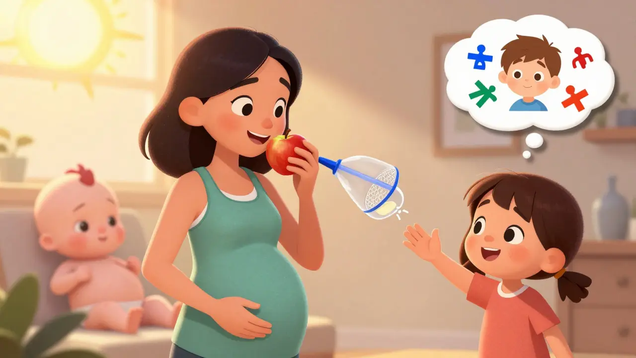 Pregnant woman choosing healthy habits, past self reaching for Tylenol as child symbols fade in sunlight