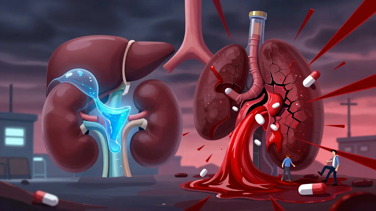 Split illustration of healthy vs. overwhelmed liver and kidneys under alcohol and metformin stress.