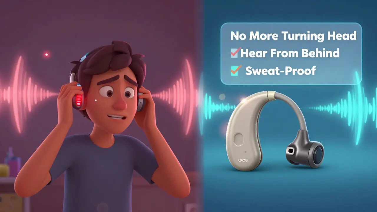 Split-screen: left side shows battery anxiety with chaotic sound waves; right side shows calm with ordered sound waves and benefit icons.