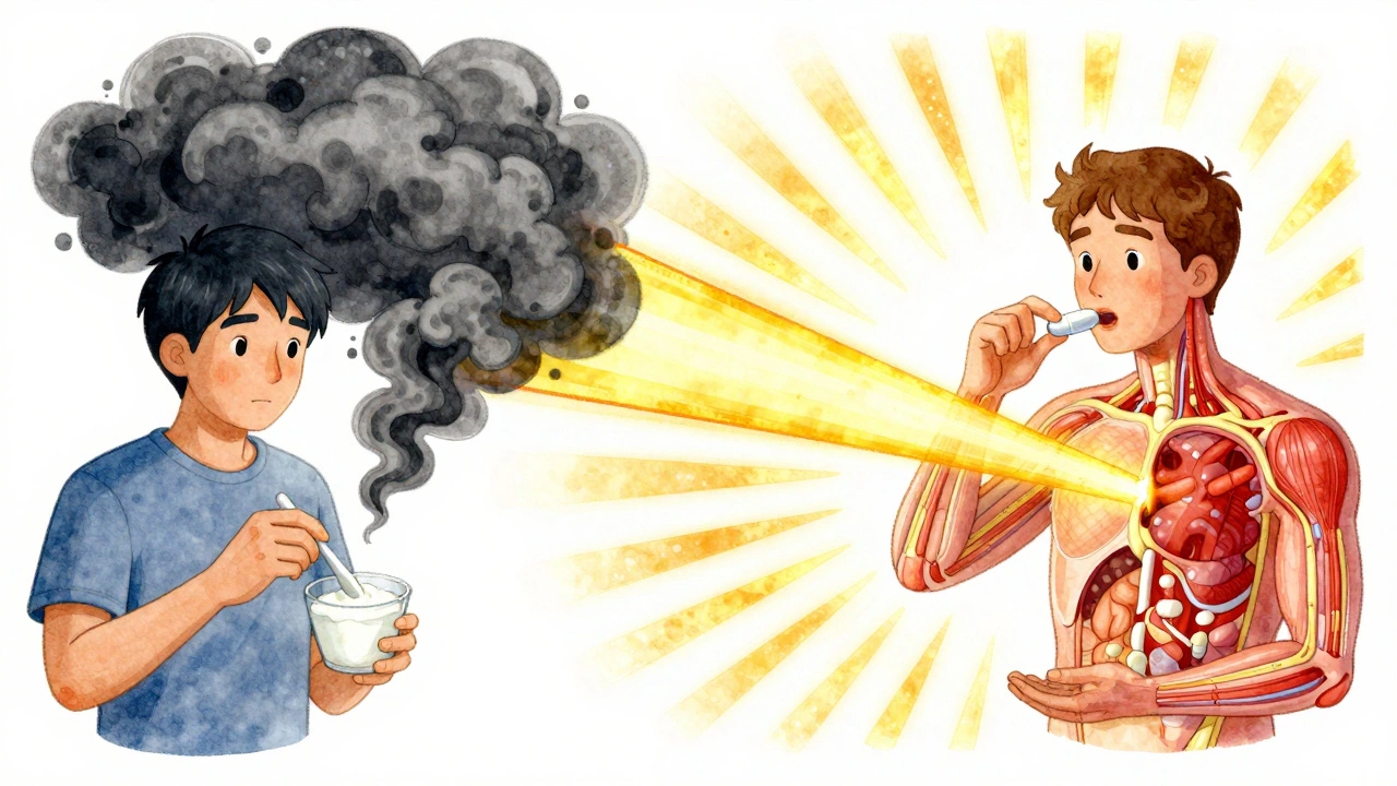 Split-screen showing antibiotic absorption failure vs. success with proper timing.