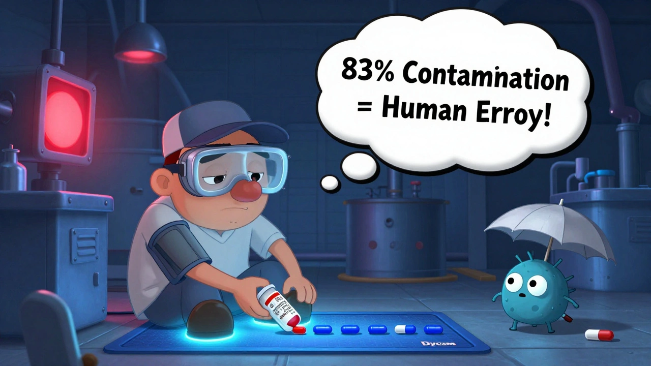 Tired worker accidentally mixing red and blue tablets, with warning signs and glowing equipment highlighting human error.