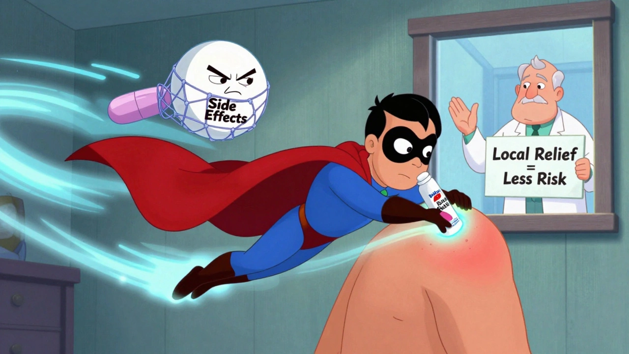 Topical gel superhero landing on a sore shoulder while oral pills are trapped in a stomach net.