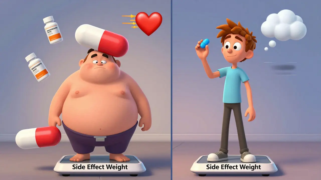 Two characters comparing side effects of amitriptyline versus nortriptyline in a visual weight scale.