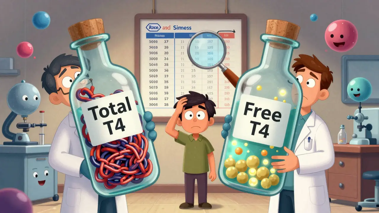 Two lab vials showing bound vs. free T4, with a confused patient and conflicting lab results.