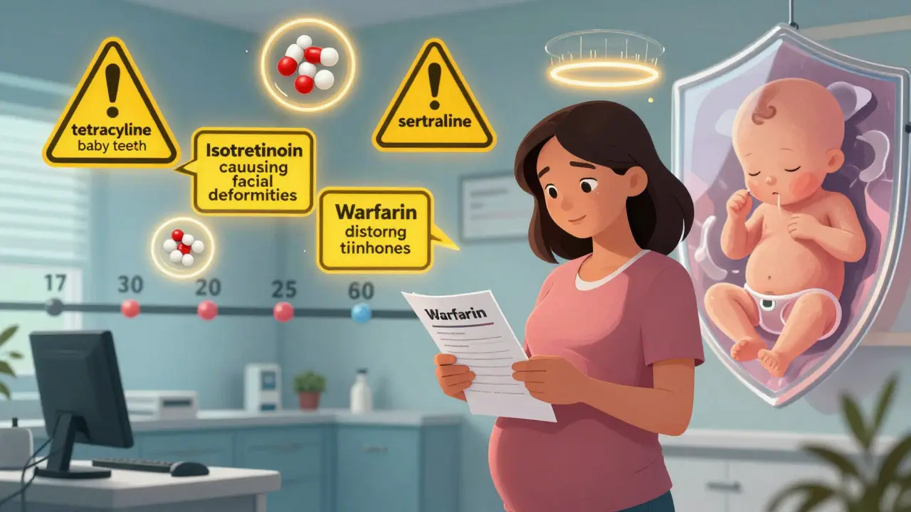 Woman in doctor’s office with floating warning signs over dangerous meds, safe drugs glowing in background