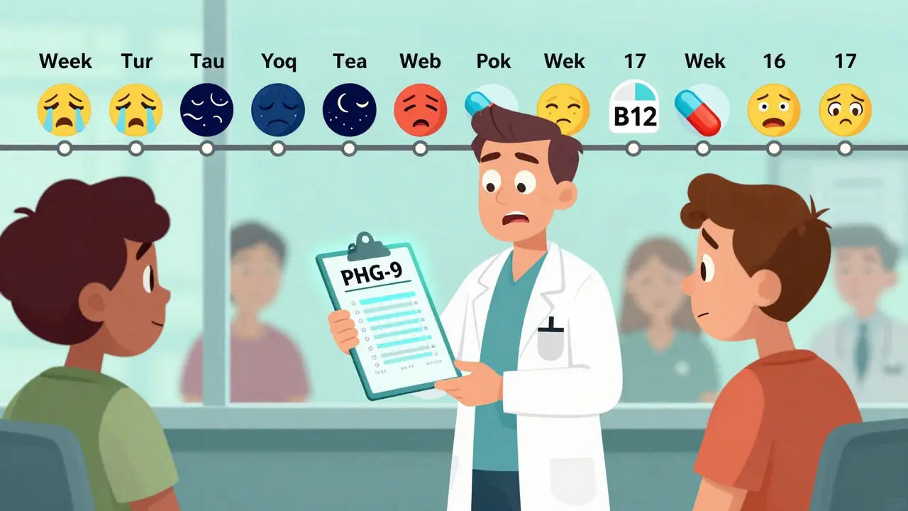 A dermatologist shows a mood scale chart to a patient, with a timeline of emotional warning signs behind them.