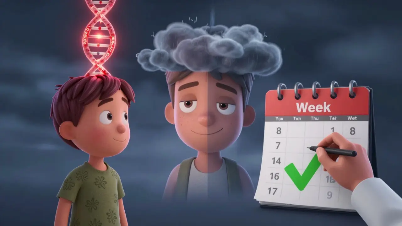 A glowing DNA marker appears above a person’s head, showing contrasting outcomes of clear skin versus emotional storm.