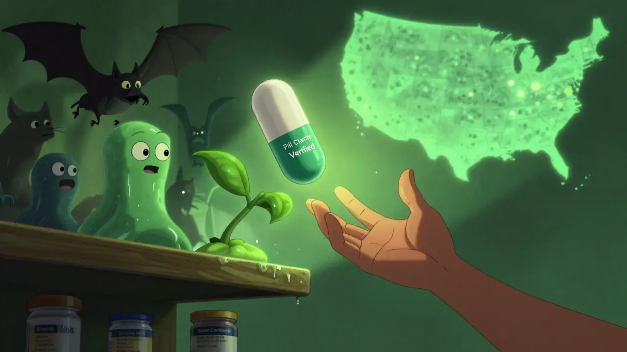 A heroic vegan capsule leaping away from animal-derived ingredients, being caught by a human hand in a bright pharmacy scene.