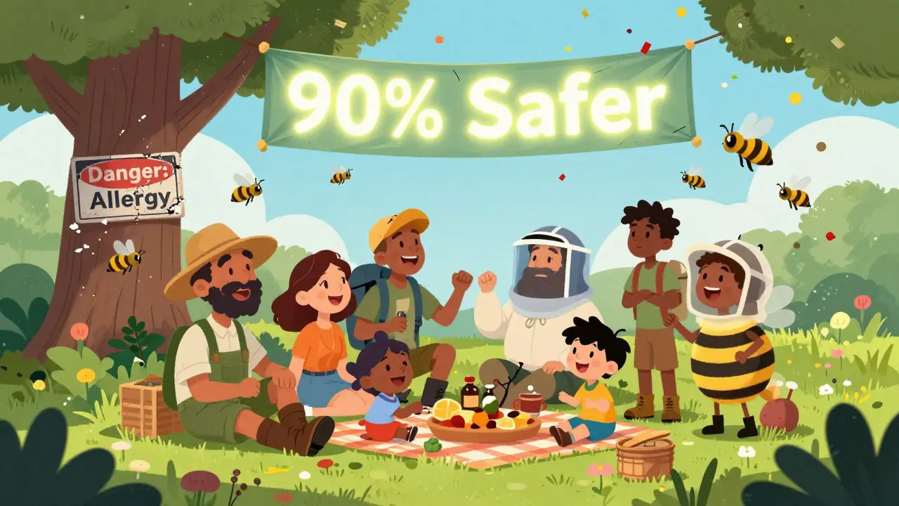 A joyful group picnics safely amid bees and wasps, with a crumbling danger sign in the background.