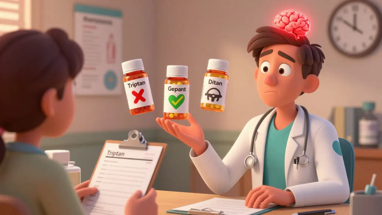 A patient in a doctor's office with floating pill bottles labeled Triptan, Gepant, and Ditan, each marked with heart and steering wheel symbols indicating safety risks.