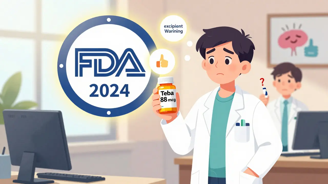 A patient shows their preferred generic pill to a pharmacist in a doctor’s office, with safety icons glowing nearby.