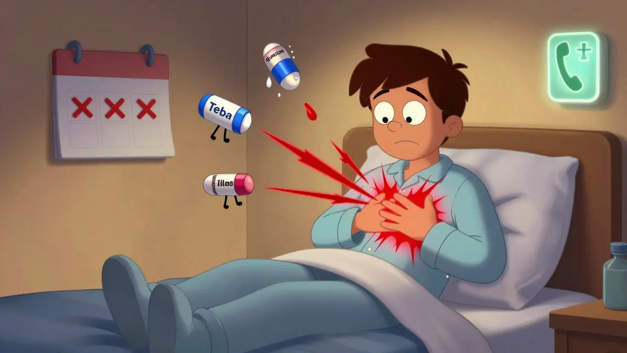 A person in bed with cartoonish heart palpitations bursting from their chest, looking distressed at night.