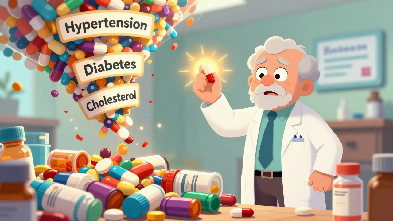 A pharmacist shows a senior a single pill that replaces many others, surrounded by spinning pill bottles.