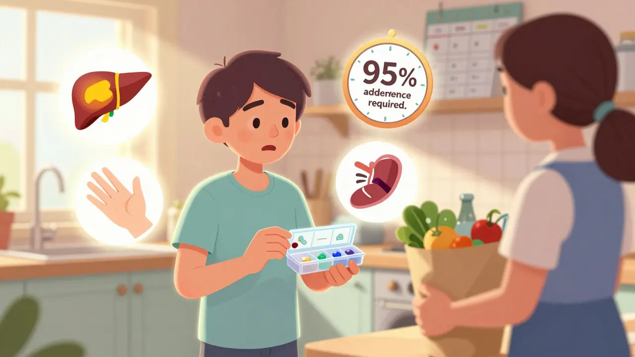 A transplant patient holding pills with medical warnings floating nearby, supported by a social worker.