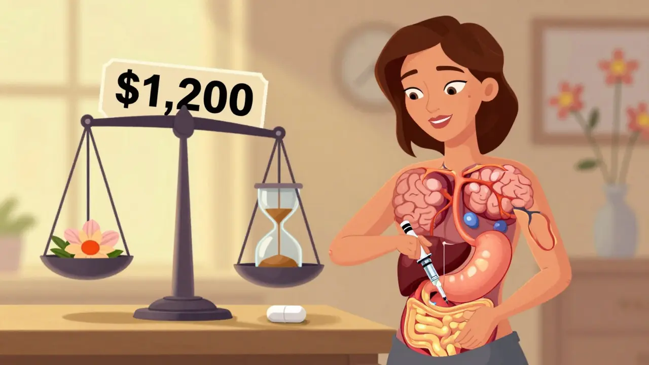 A woman injecting GLP-1 as her body transforms internally—brain, stomach, liver, and ovaries glowing with healing, while a high price tag looms.