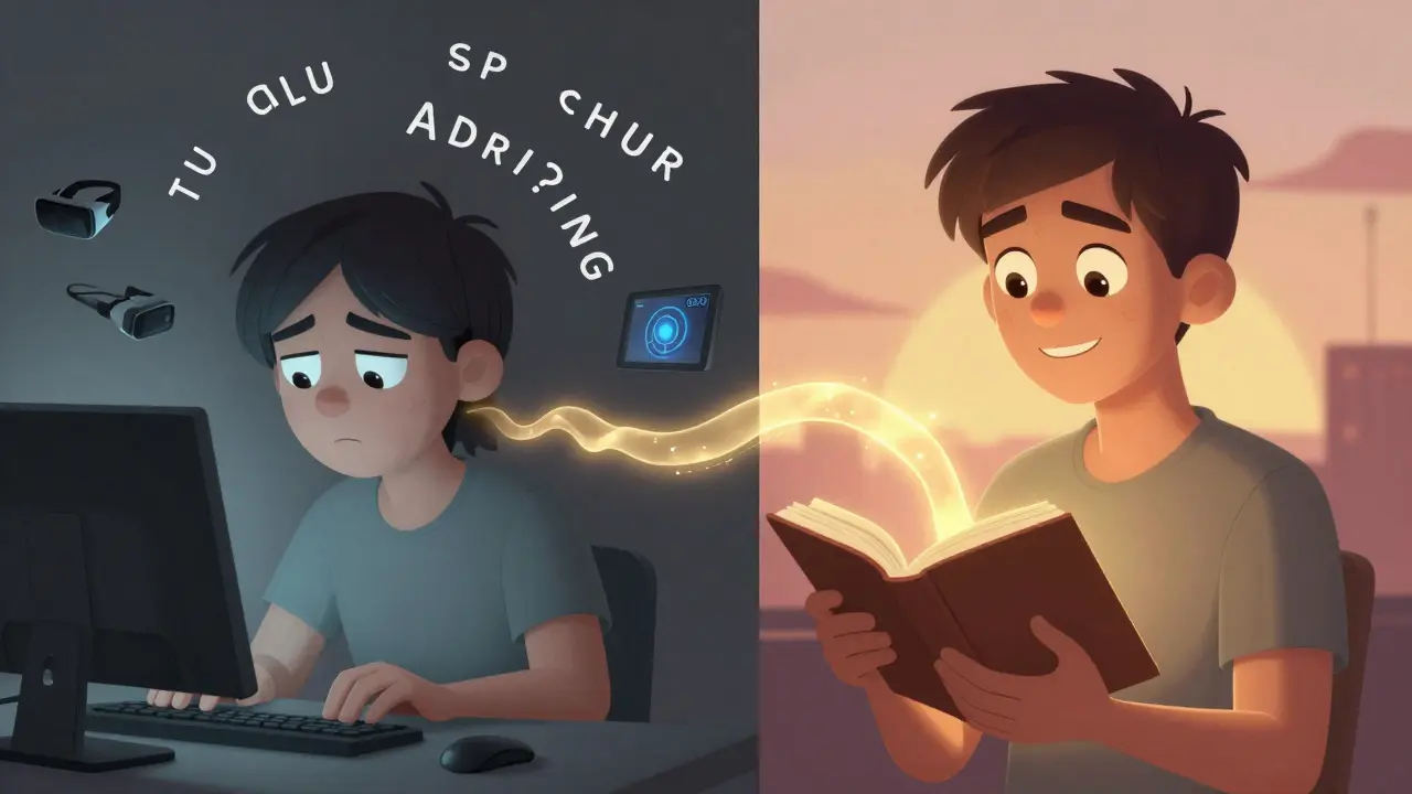 Adult transformed from eye strain to focused reading with glowing path
