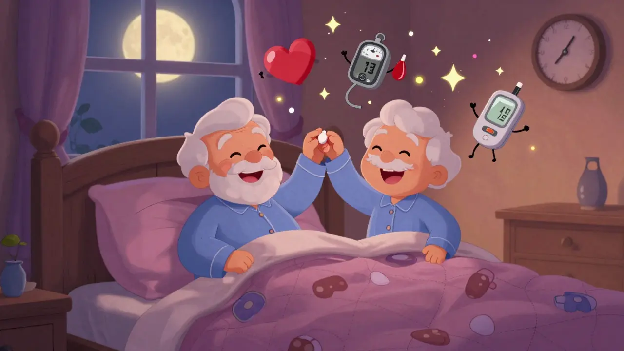 An elderly couple celebrates taking one pill together, with medical icons dancing happily around them.