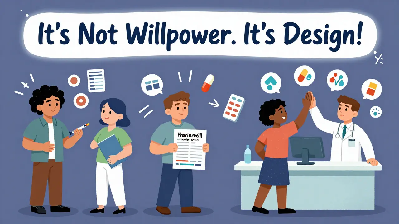 Diverse people using medication tricks like injections and auto-refills with supportive icons.