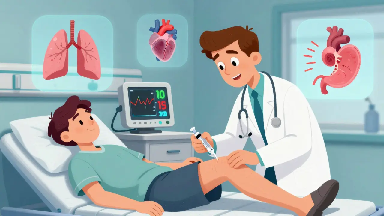 Doctor injecting epinephrine into thigh as medical monitors show critical vital signs dropping.