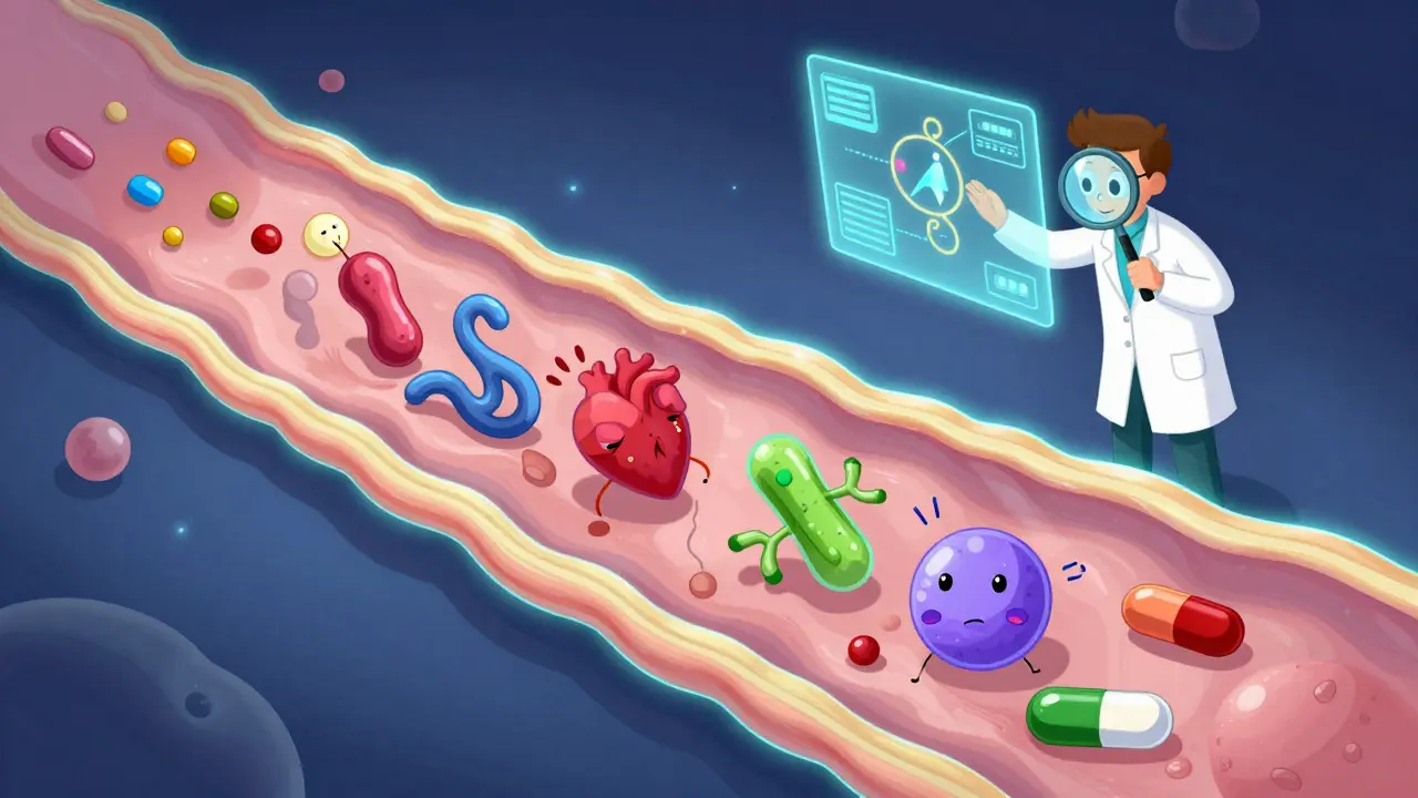 Drug molecules bouncing on a cell membrane trampoline, triggering random reactions in whimsical style.