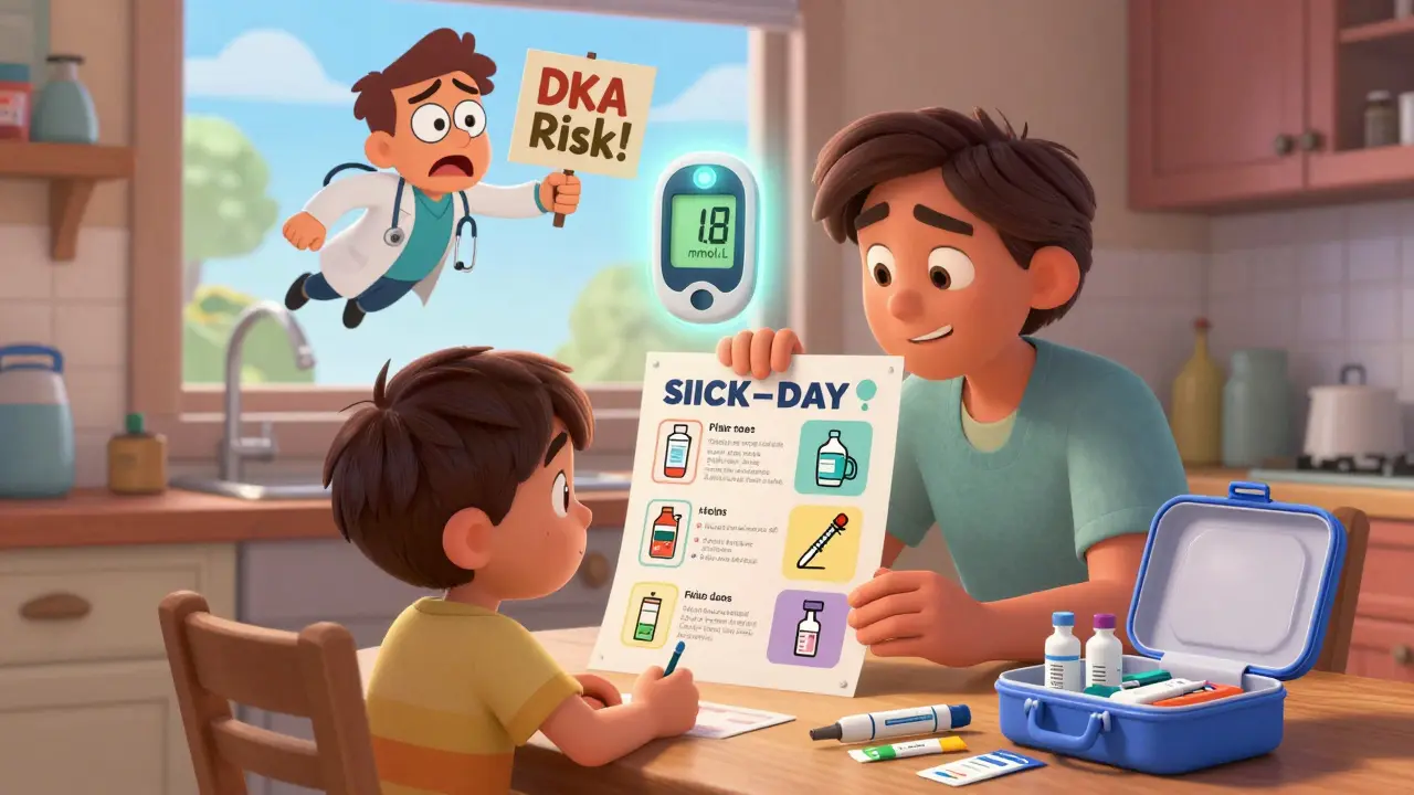 Family reviewing sick day plan poster with ketone meter reading and doctor arriving