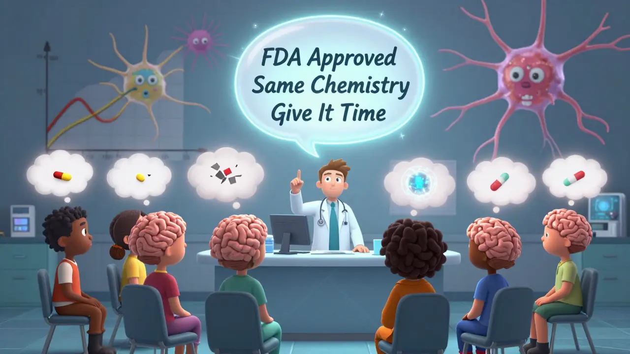 Patients with thought clouds showing their beliefs about generic pills, while a doctor’s conversation bubble radiates scientific facts.
